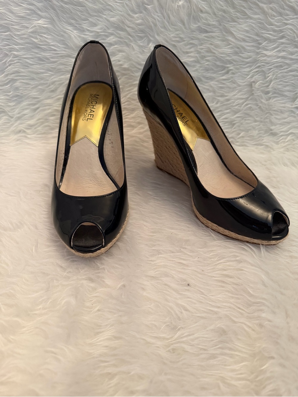 MICHAEL Michael Kors Black Patent Peep-Toe Espadrille Wedge Heels